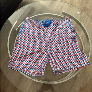 Geometric Red, White & Blue Swim Trunks